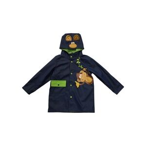 Wippette Kids Size 6 Monkey Raincoat Hooded Navy Green Snap Jacket